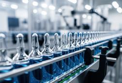 Sterile pharmaceutical assembly line with transparent vials moving in precision, clean manufacturing zone ensures regulated drug processing and quality control